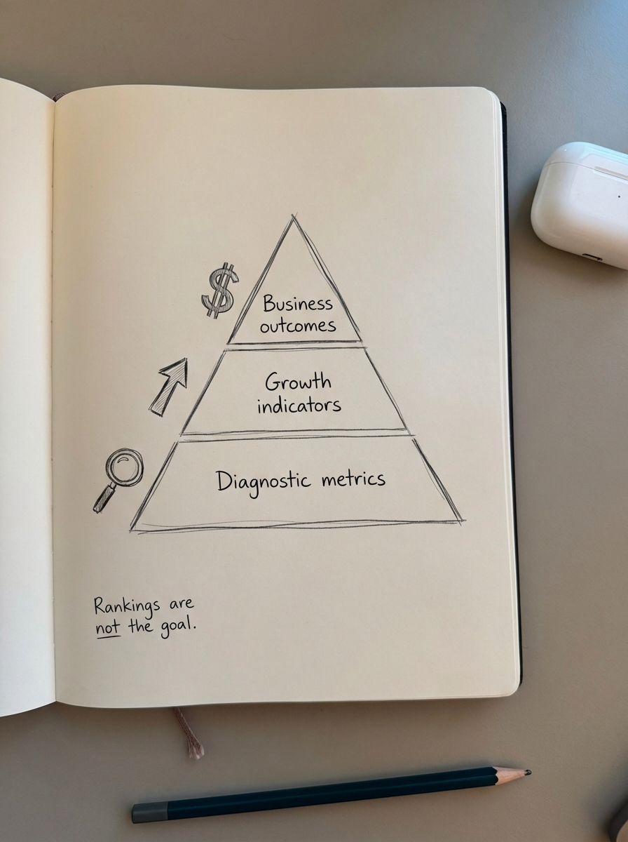 Simple pencil notebook-style drawing of a three-tier SEO metrics pyramid labeled diagnostic metrics, growth indicators, and business outcomes