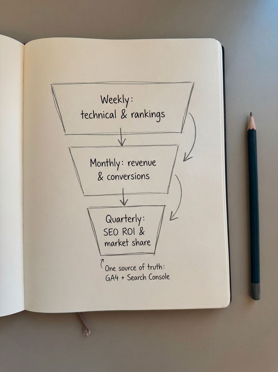 Simple pencil drawing of an SEO reporting funnel with three stacked levels labeled weekly, monthly, and quarterly reporting