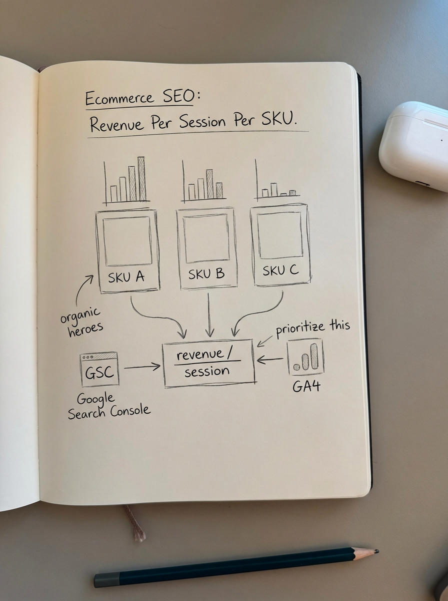 Simple pencil notebook-style drawing explaining revenue per session per SKU with a rough formula and highlighted hero products