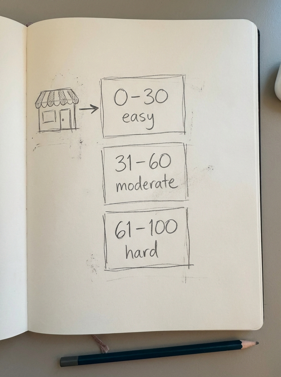 Simple pencil sketch of three stacked boxes showing keyword difficulty bands 0–30 easy, 31–60 moderate, 61–100 hard for a small store