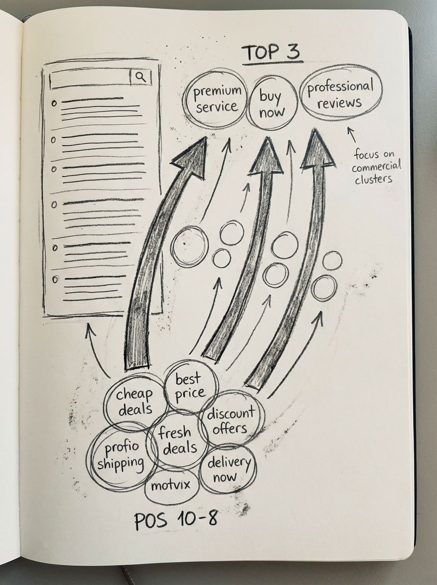 Notebook-style pencil drawing of a cluster of SEO keywords moving up a simple rank graph from positions 8–15 into the top positions