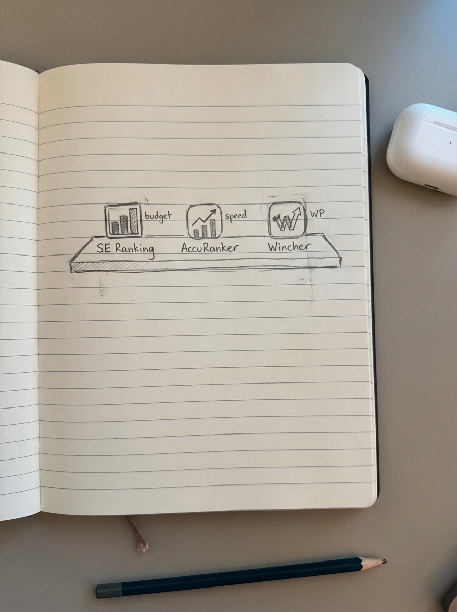 Hand-drawn notebook-style icons showing three different SEO rank tracking tools side by side for WooCommerce stores