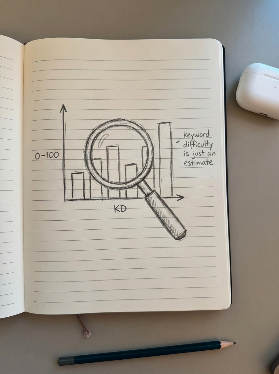 Notebook-style pencil sketch of a magnifying glass over a KD 0–100 bar chart with note saying keyword difficulty is just an estimate