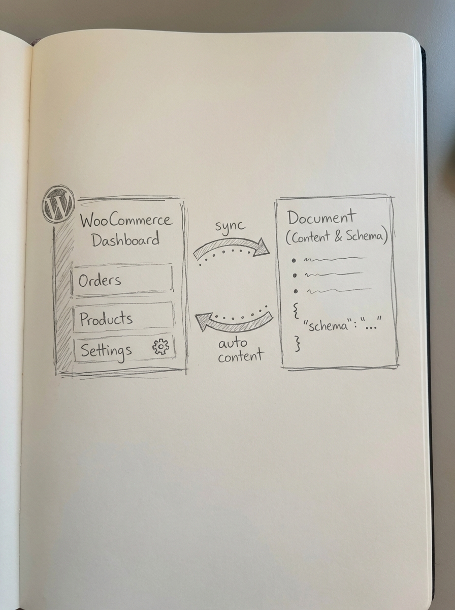 Simple pencil notebook-style sketch of a WooCommerce store dashboard on the left and an AI content engine panel on the right with arrows showing automated syncing