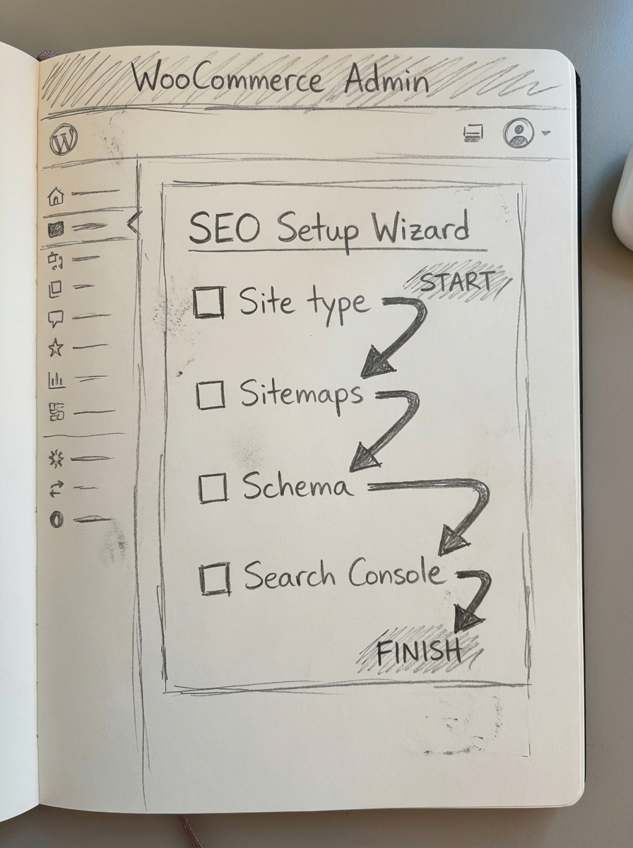 Notebook-style pencil drawing of a WooCommerce admin dashboard with an SEO setup wizard highlighted