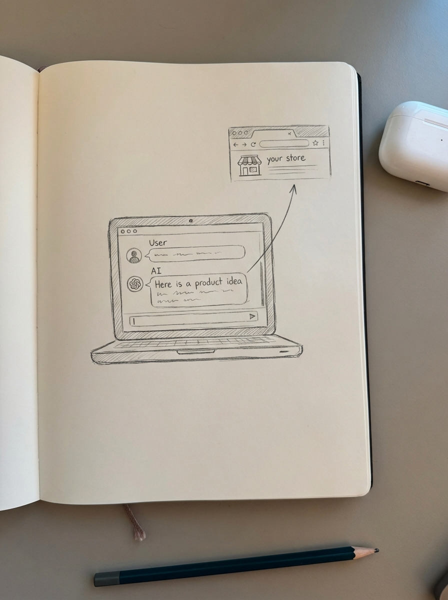 Simple pencil notebook-style sketch of a laptop screen showing a ChatGPT-style chat window with a cited link highlighted