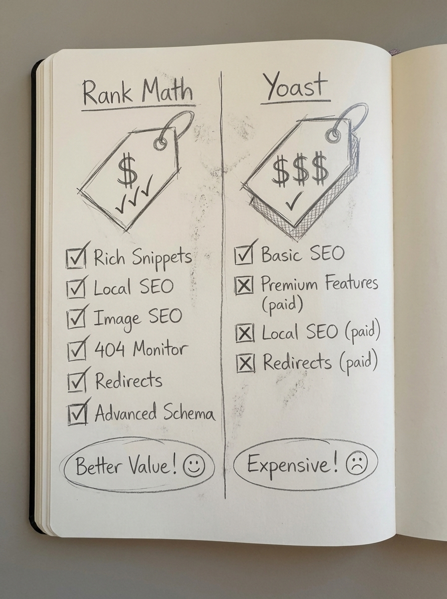 Simple pencil notebook sketch comparing Rank Math and Yoast WooCommerce SEO plugin features and pricing