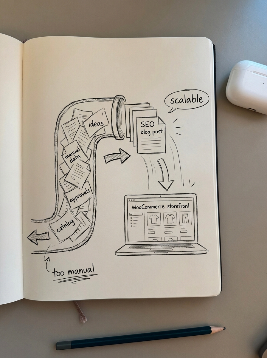 Notebook-style pencil sketch of an ecommerce content production pipeline showing manual data and approvals clogging a tube before scalable SEO blog posts reach a WooCommerce storefront.