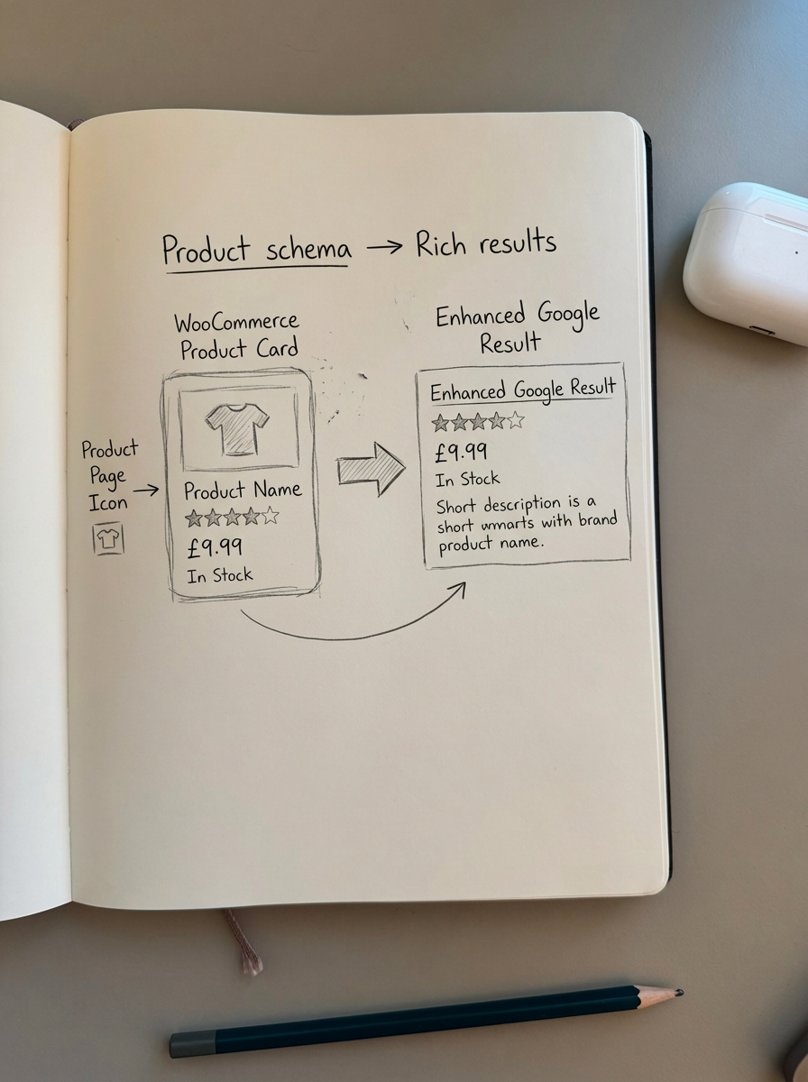 Hand-drawn notebook sketch visualizing product schema flowing into rich results with review stars in Google search
