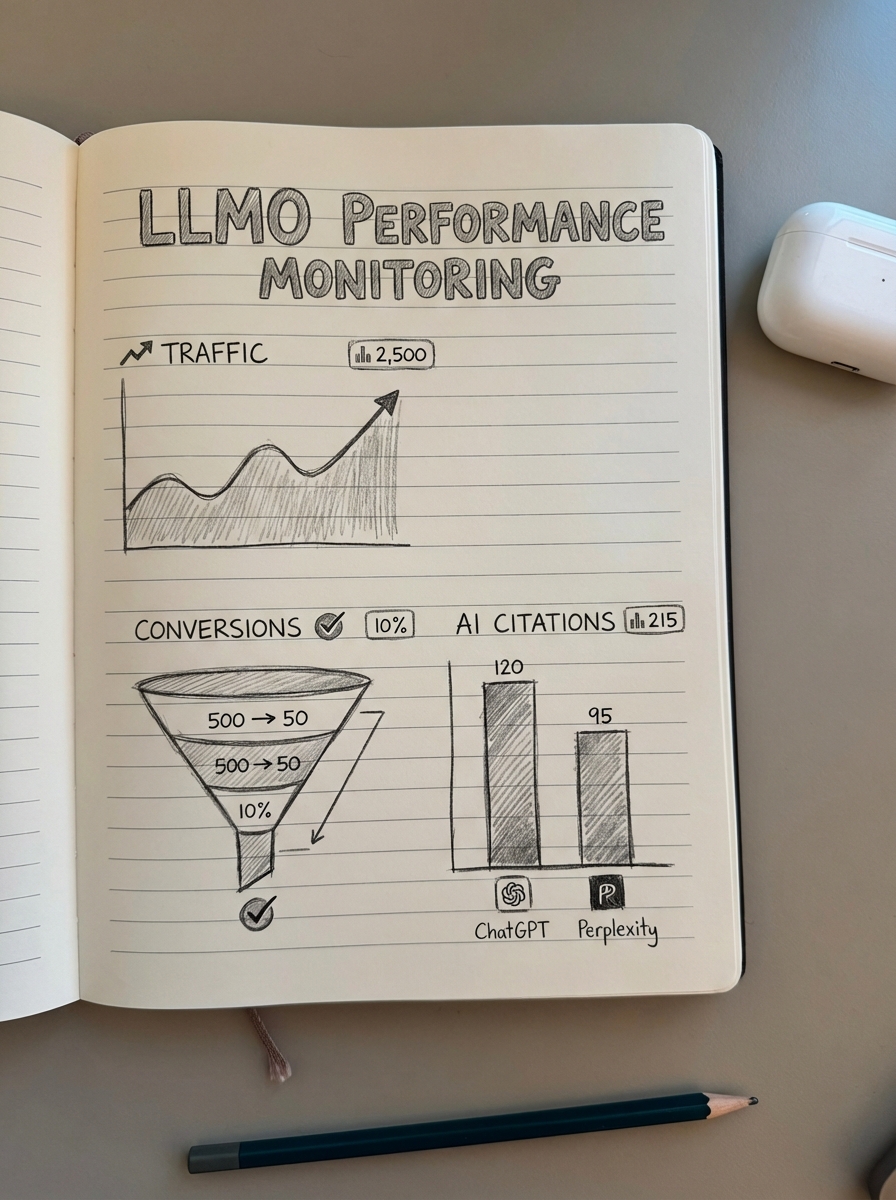 Hand-drawn pencil notebook sketch of an ecommerce SEO dashboard with charts and metrics
