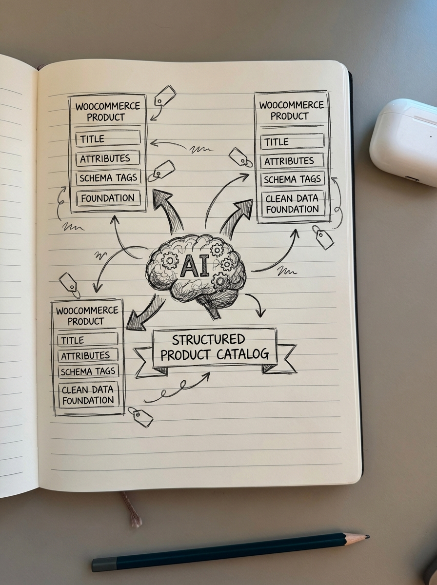 Pencil notebook-style drawing of a structured website schema diagram for ecommerce products