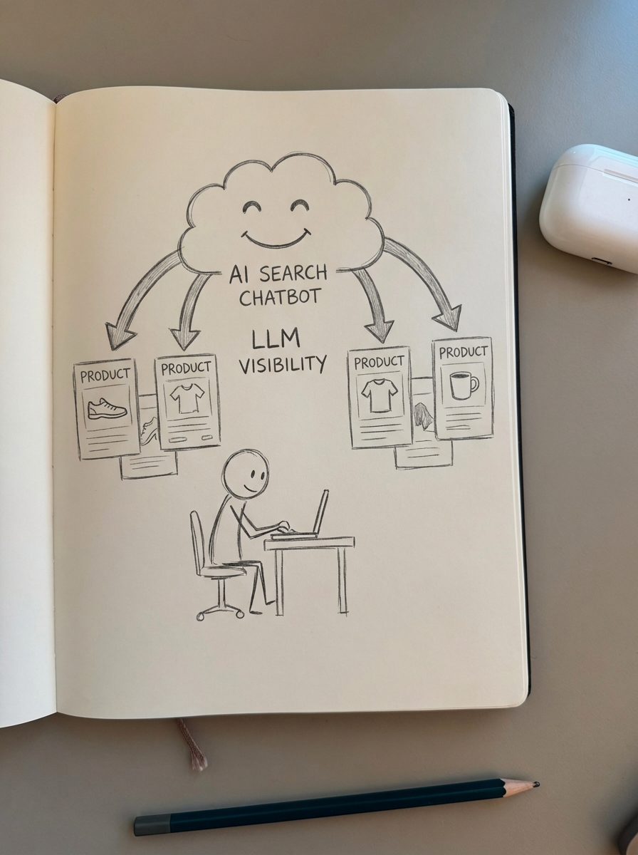 Simple pencil notebook sketch of an ecommerce store being discovered through AI search