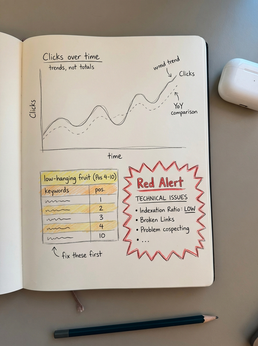 Simple pencil notebook-style sketch of an ecommerce SEO dashboard layout with line charts, segment labels, and alert icons