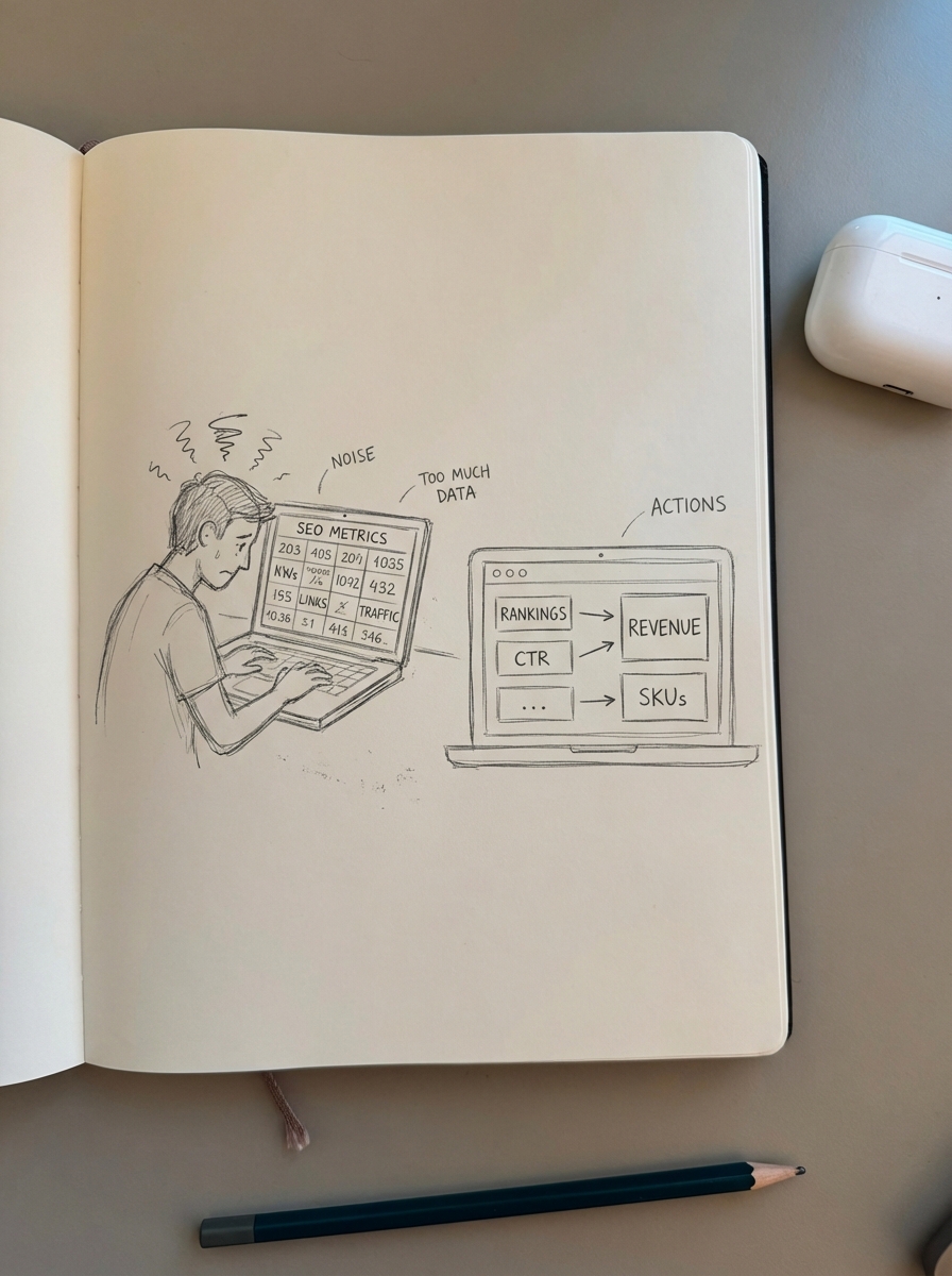 Simple pencil notebook-style sketch of an overwhelmed marketer staring at a messy SEO report full of unread metrics