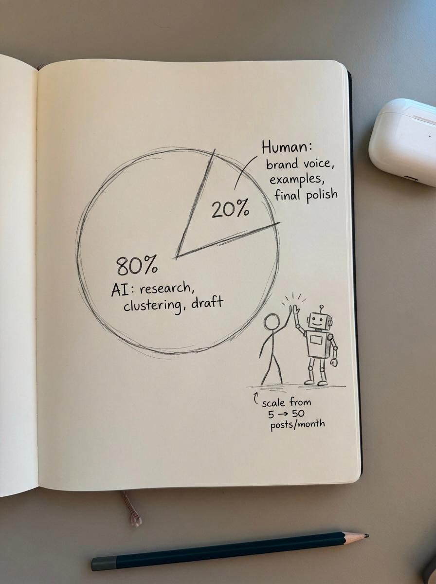 Notebook-style pencil sketch of an 80/20 AI content production model pie chart with AI handling most research and drafting and humans adding brand voice and final polish.