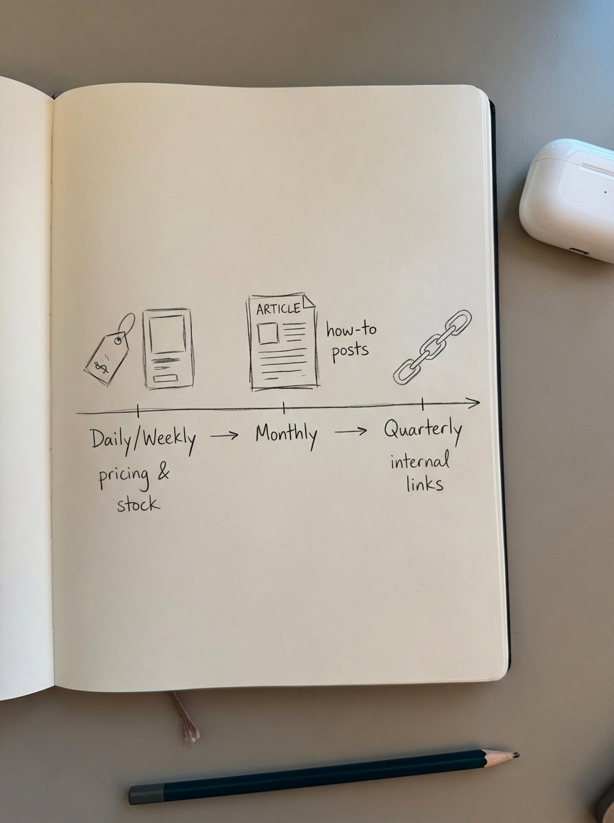 Simple pencil notebook sketch of a timeline labeled Daily, Weekly, Monthly, and Quarterly to illustrate a strategic content update cadence for WooCommerce SEO.