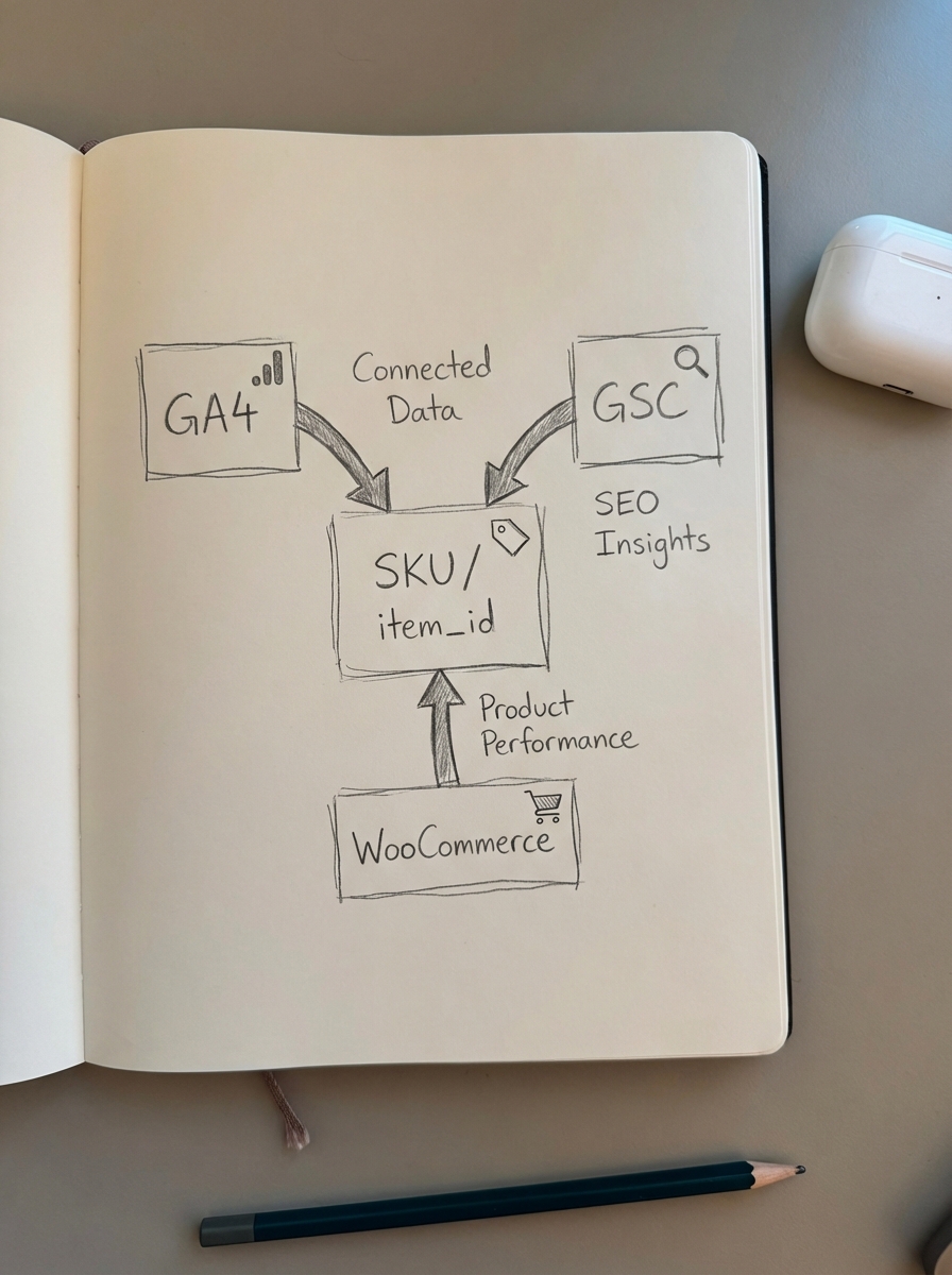 Simple pencil notebook diagram showing Google Search Console, GA4, and WooCommerce all connected around shared SKUs