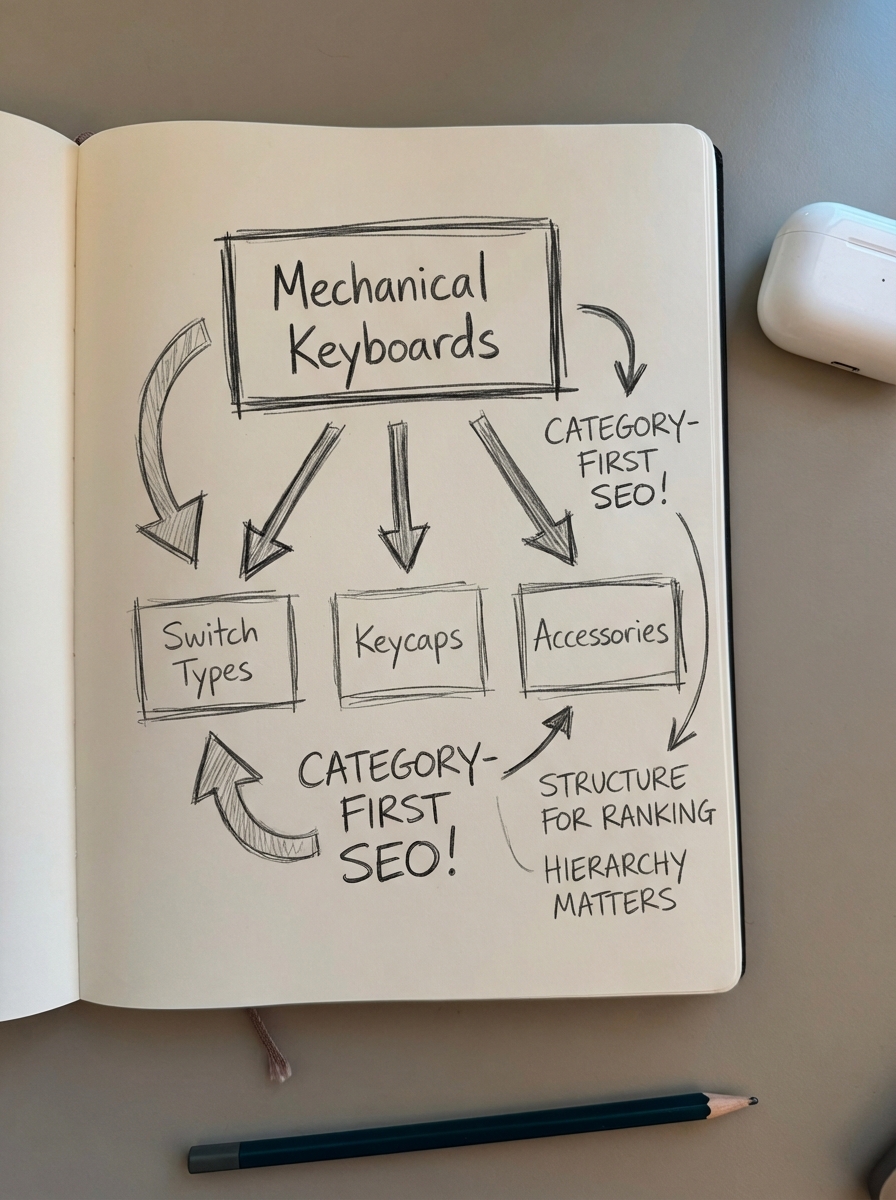 Simple pencil notebook doodle of a WooCommerce category tree showing main categories and subcategories in a site hierarchy