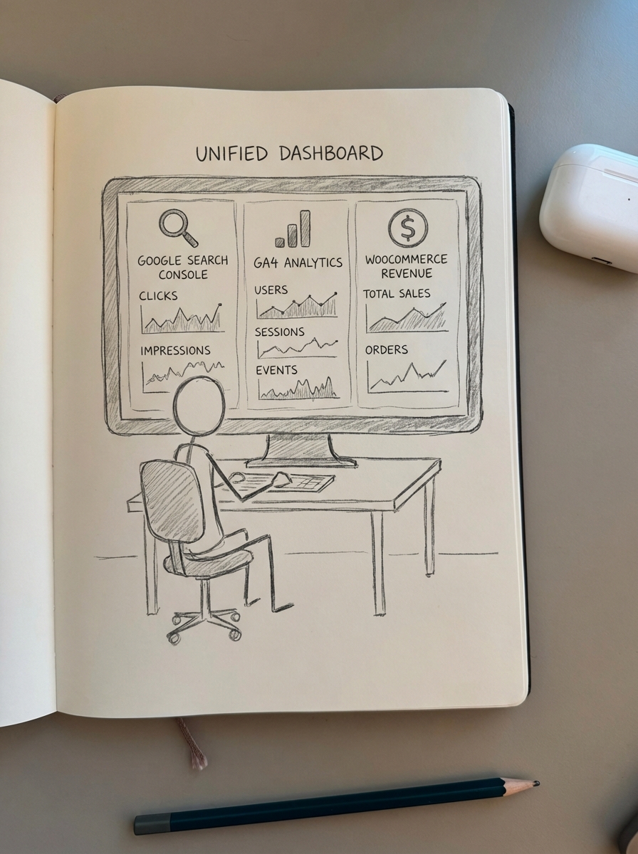 simple pencil notebook doodle of a WooCommerce store owner reviewing a unified SEO dashboard combining Google Search Console, GA4, and WooCommerce revenue