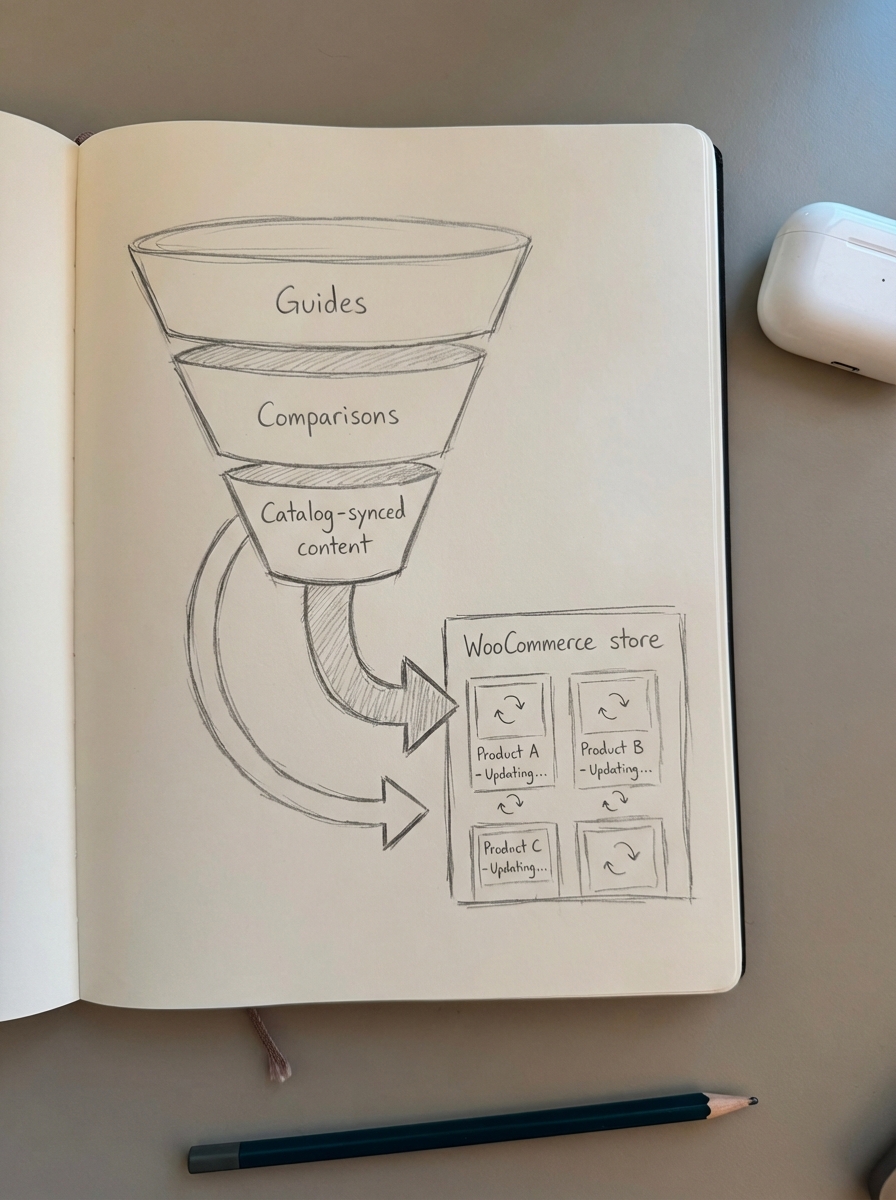 Simple pencil notebook doodle of an ecommerce funnel with three stages labeled for guides, comparisons, and automated content updates.