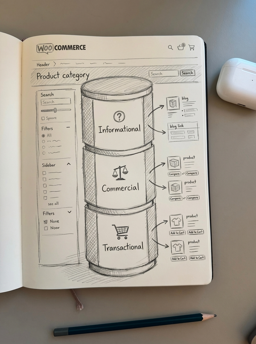 Hand-drawn notebook sketch of a WooCommerce product category hub with related blog post spokes