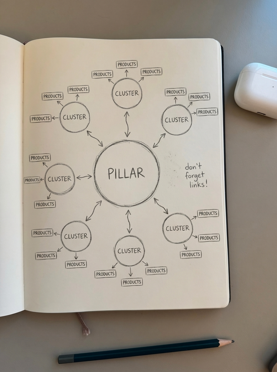 Simple pencil diagram showing internal linking between a WooCommerce pillar page, cluster articles, and products