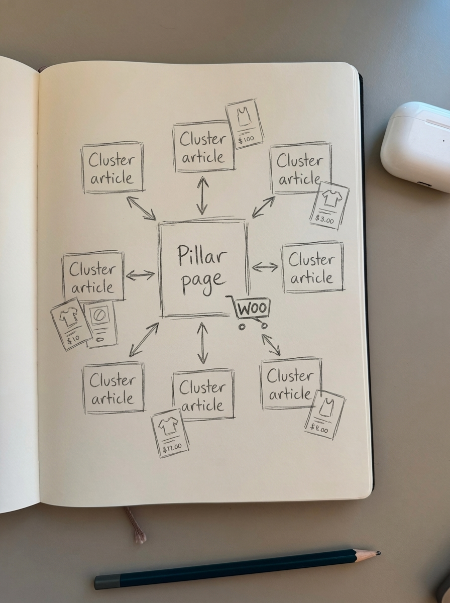 Simple pencil notebook doodle explaining SEO topic clusters with a central pillar page and supporting spokes