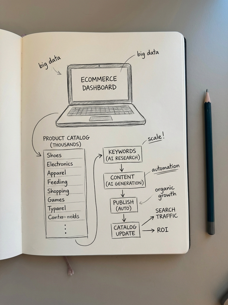 simple pencil notebook doodle of an ecommerce SEO dashboard connected to a large product catalog and automated content workflow