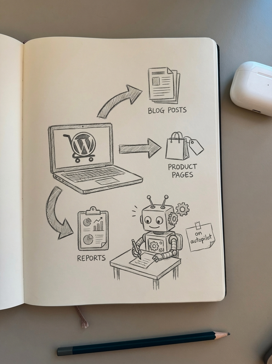 Simple pencil notebook doodle of AI automation managing WooCommerce SEO on a laptop