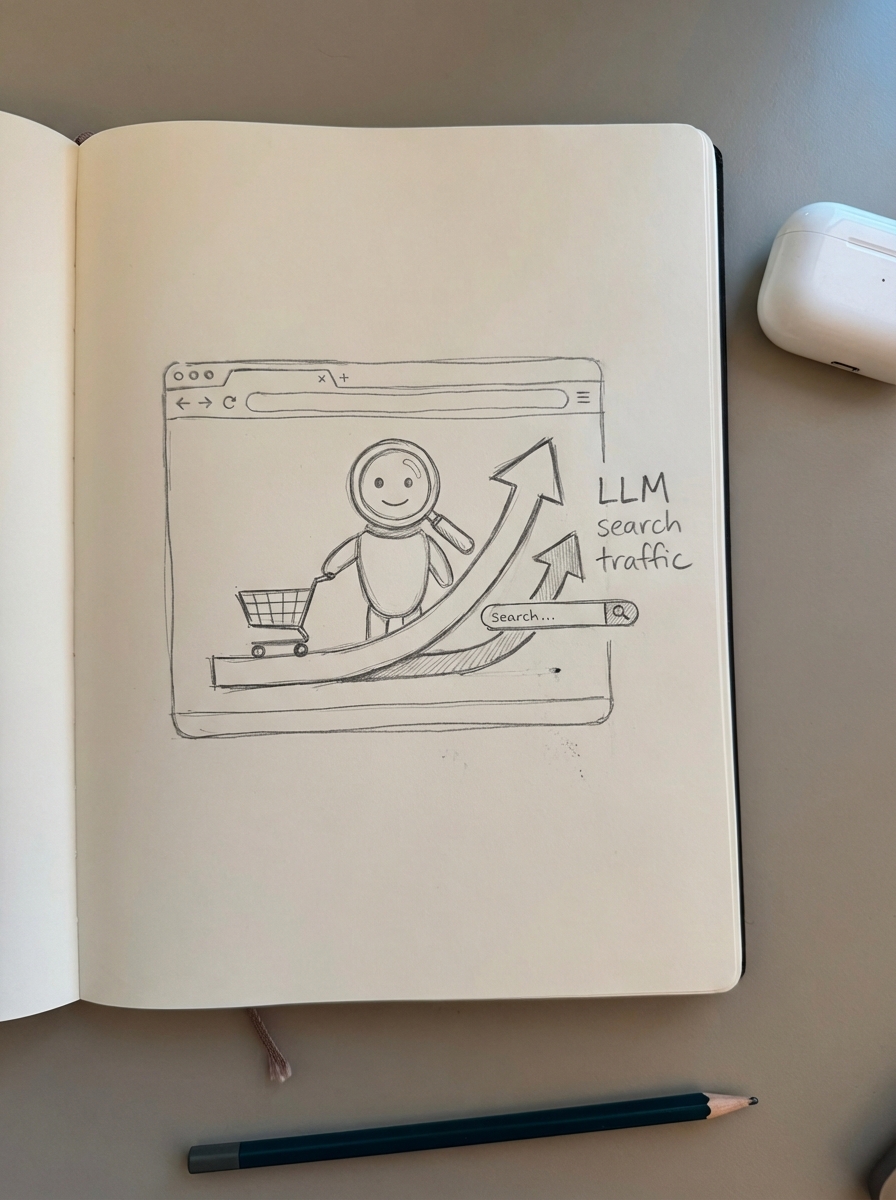 Simple pencil notebook doodle illustrating LLM-based AI search taking over traditional search traffic for ecommerce SEO