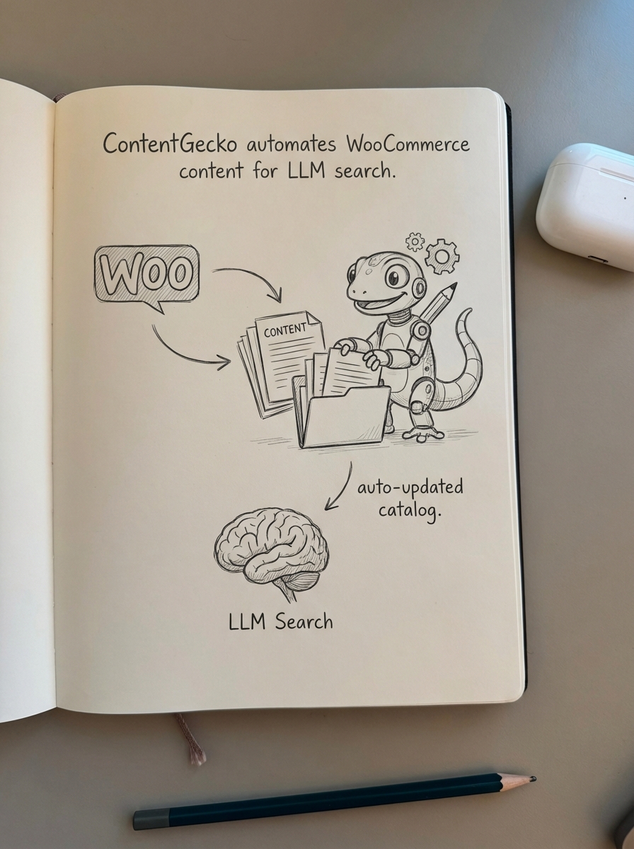 Simple pencil notebook doodle of ContentGecko automating WooCommerce content updates for LLM search optimization