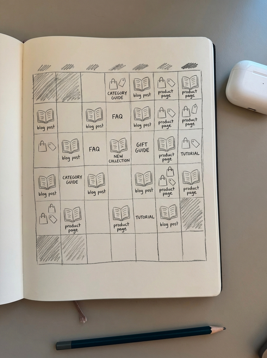 simple pencil notebook doodle of an ecommerce blog content calendar grid with blog posts, FAQs, guides and product pages
