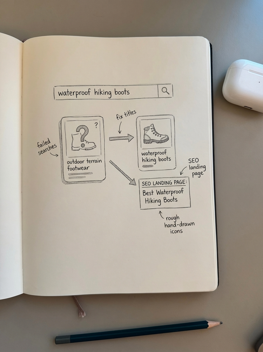 Hand-drawn notebook doodle of a search box with the query “waterproof hiking boots” showing how internal search terms reveal SEO opportunities
