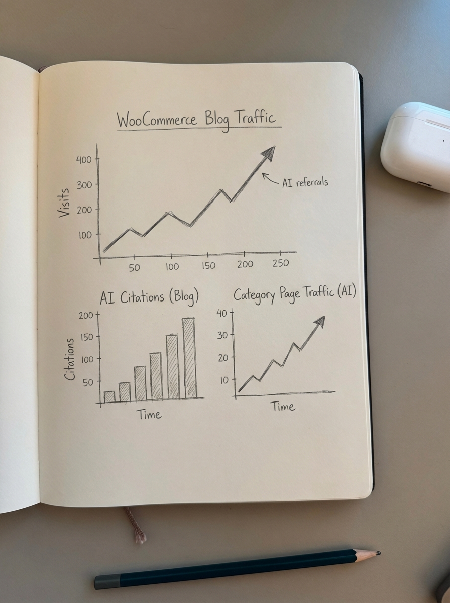 simple pencil notebook doodle of WooCommerce blog traffic graphs showing rising AI referral visits AI citations and category page traffic