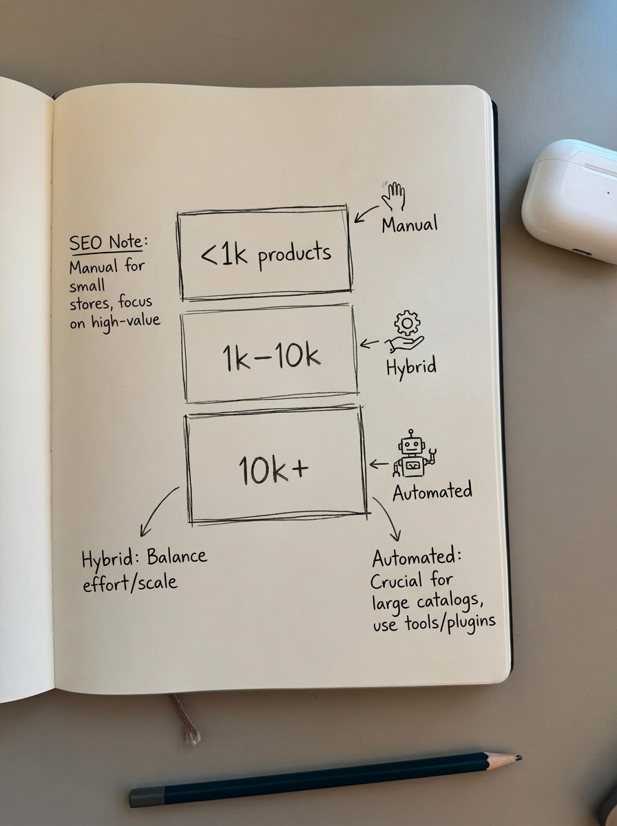 simple pencil notebook sketch comparing internal linking strategies for small, medium, and large WooCommerce stores