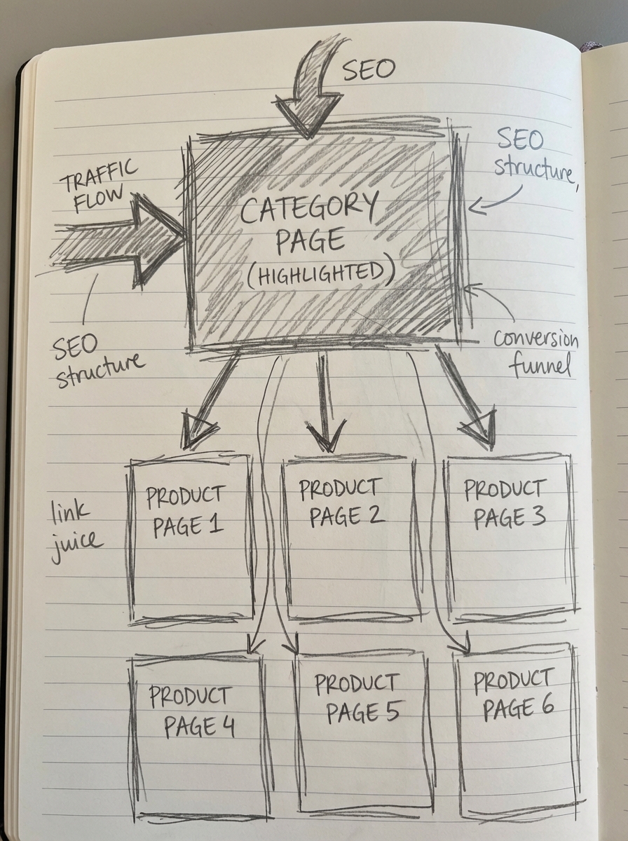 Hand-drawn notebook diagram highlighting an ecommerce category page sending SEO traffic and link juice to multiple product pages.