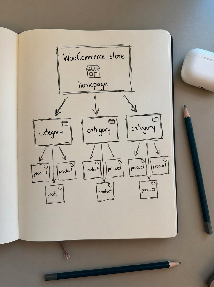 simple pencil notebook sketch of WooCommerce homepage linking to categories and products in a pyramid site architecture