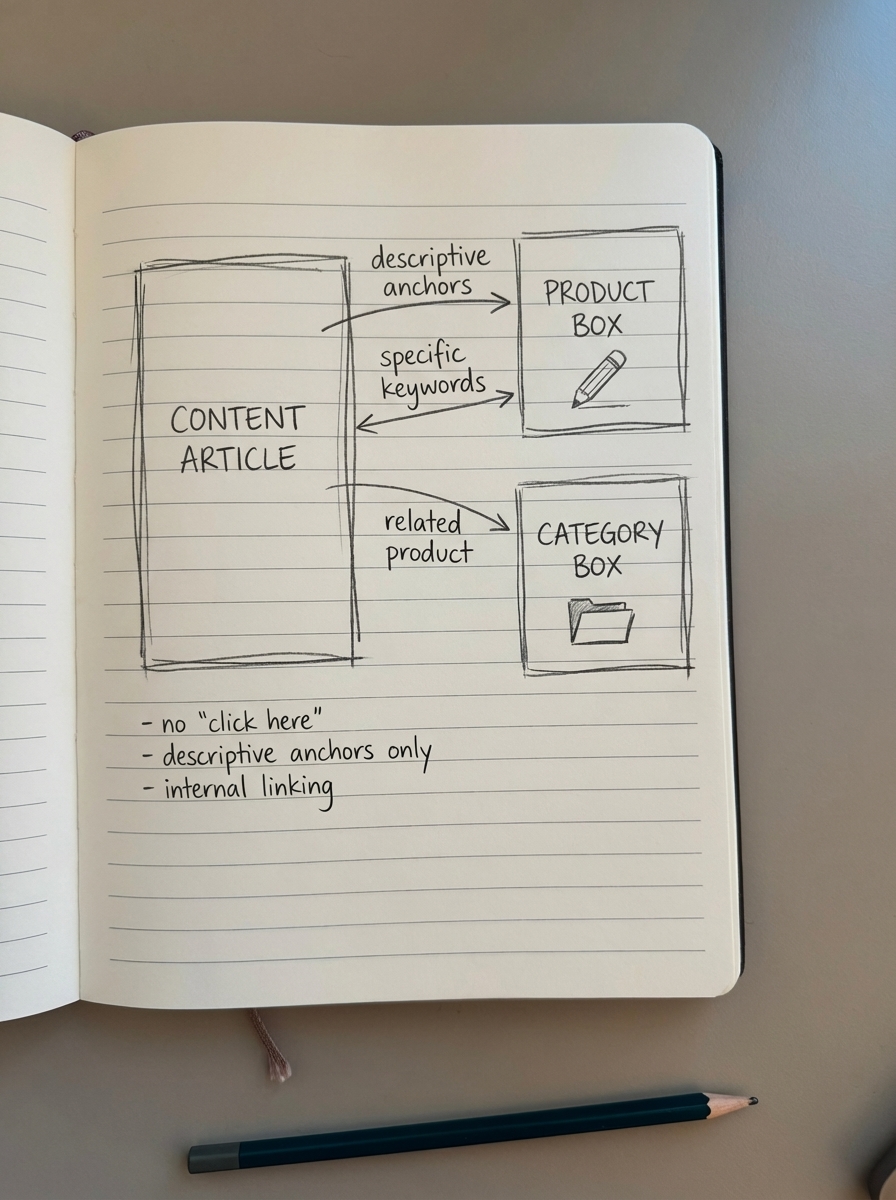 simple pencil notebook sketch showing a content article linking with descriptive anchors to product and category pages