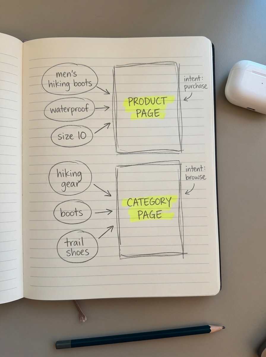 Hand-drawn notebook-style illustration of keyword bubbles clustered around a WooCommerce product page