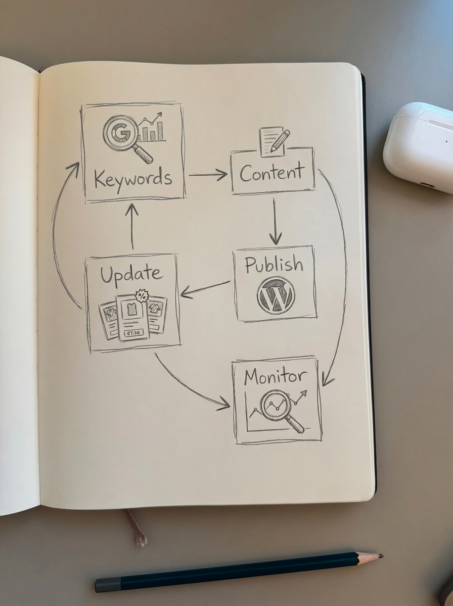 Simple pencil notebook doodle of an AI automation workflow for WooCommerce SEO showing steps from catalog sync to content updates and monitoring