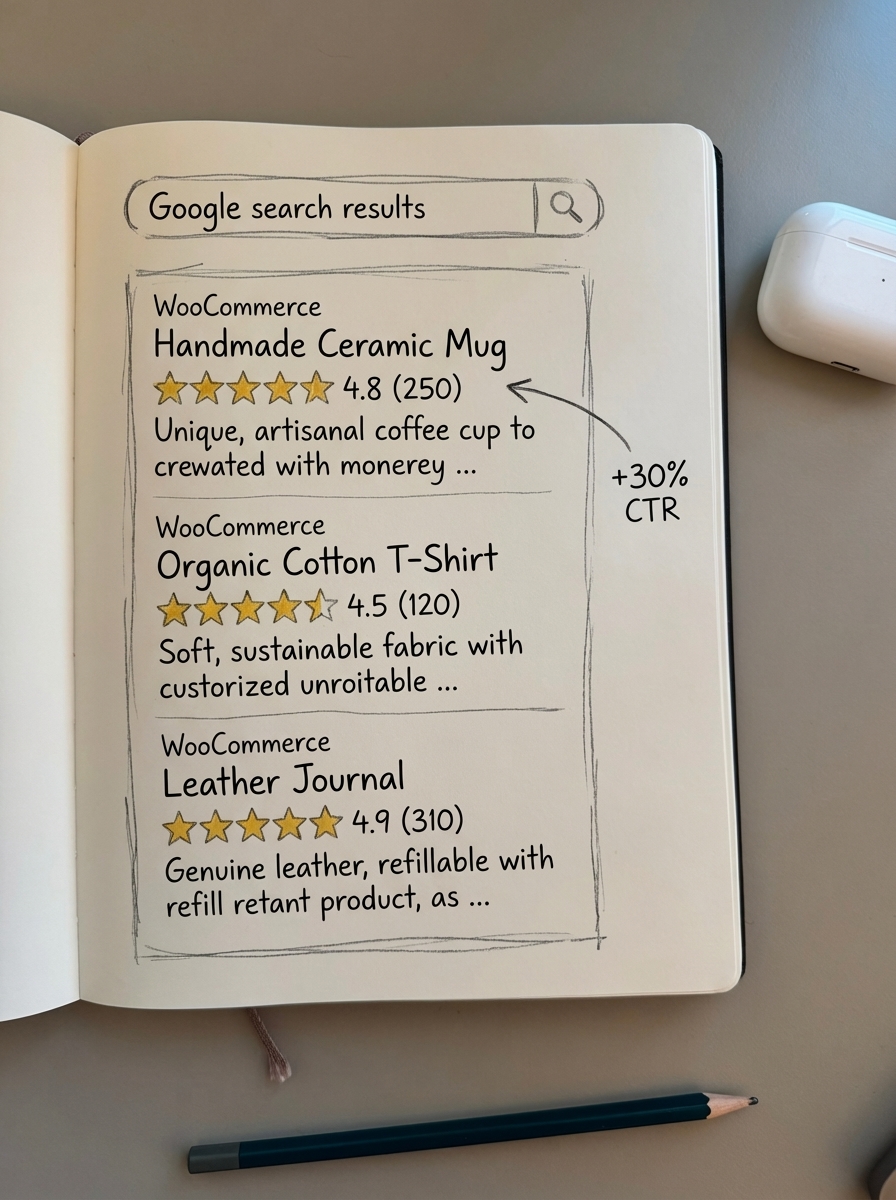 Simple pencil notebook doodle of Google search results with WooCommerce product star ratings