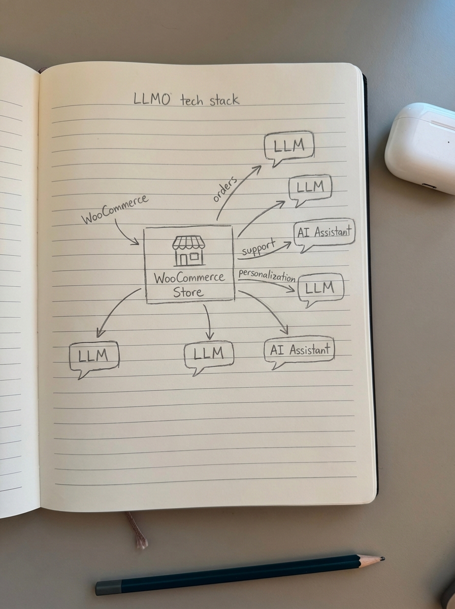 simple pencil notebook doodle showing a WooCommerce store connected to multiple LLM and AI assistant bubbles as an LLMO tech stack overview