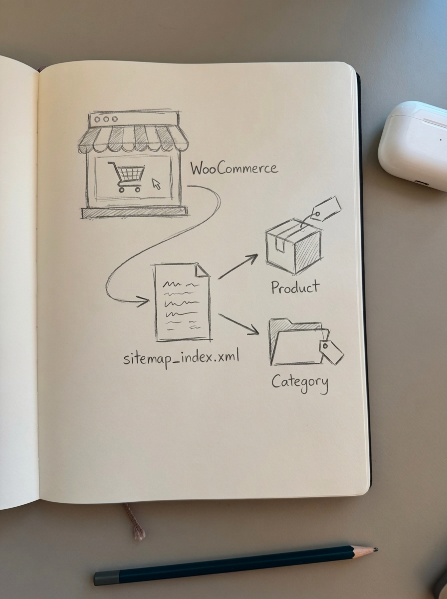 Simple pencil notebook doodle of a WooCommerce online store used to explain XML sitemap structure