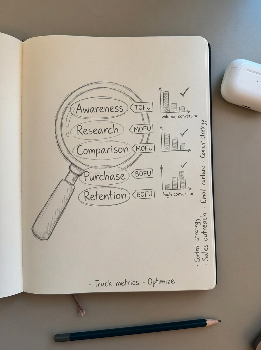 Simple pencil notebook drawing of a magnifying glass over a list of WooCommerce keywords highlighting the most valuable terms
