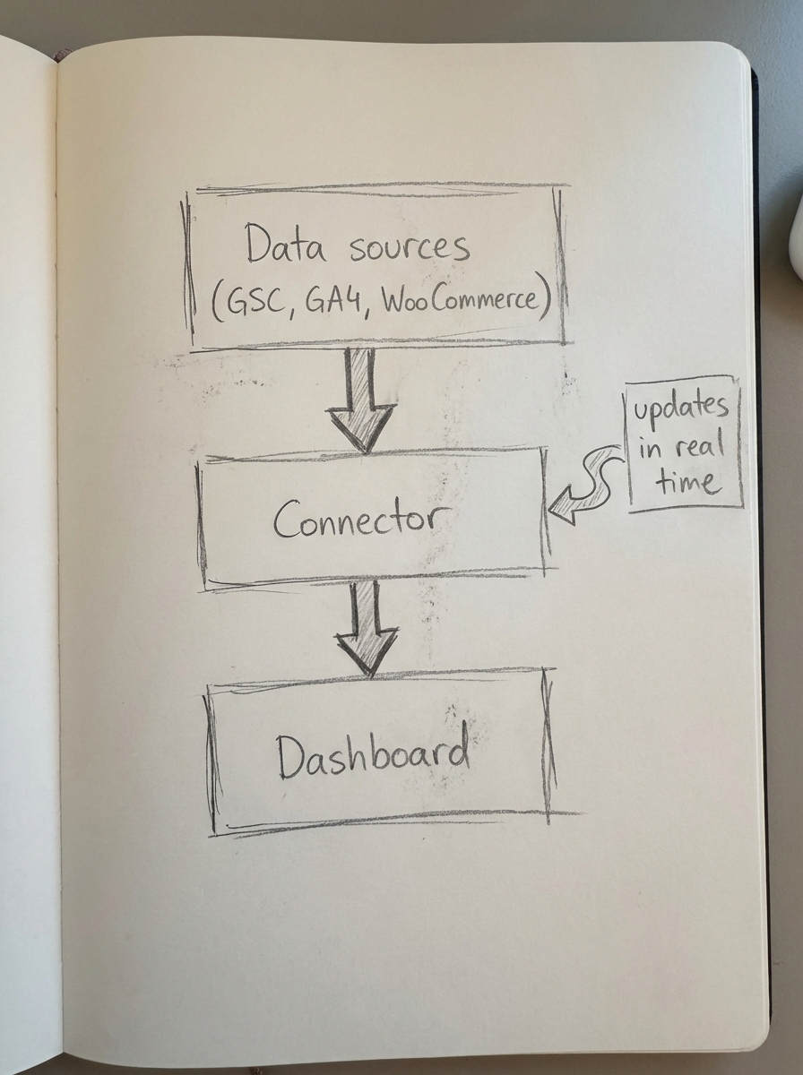 Notebook-style pencil sketch of three stacked boxes labeled data sources, connector, and dashboard to show automated SEO reporting stack