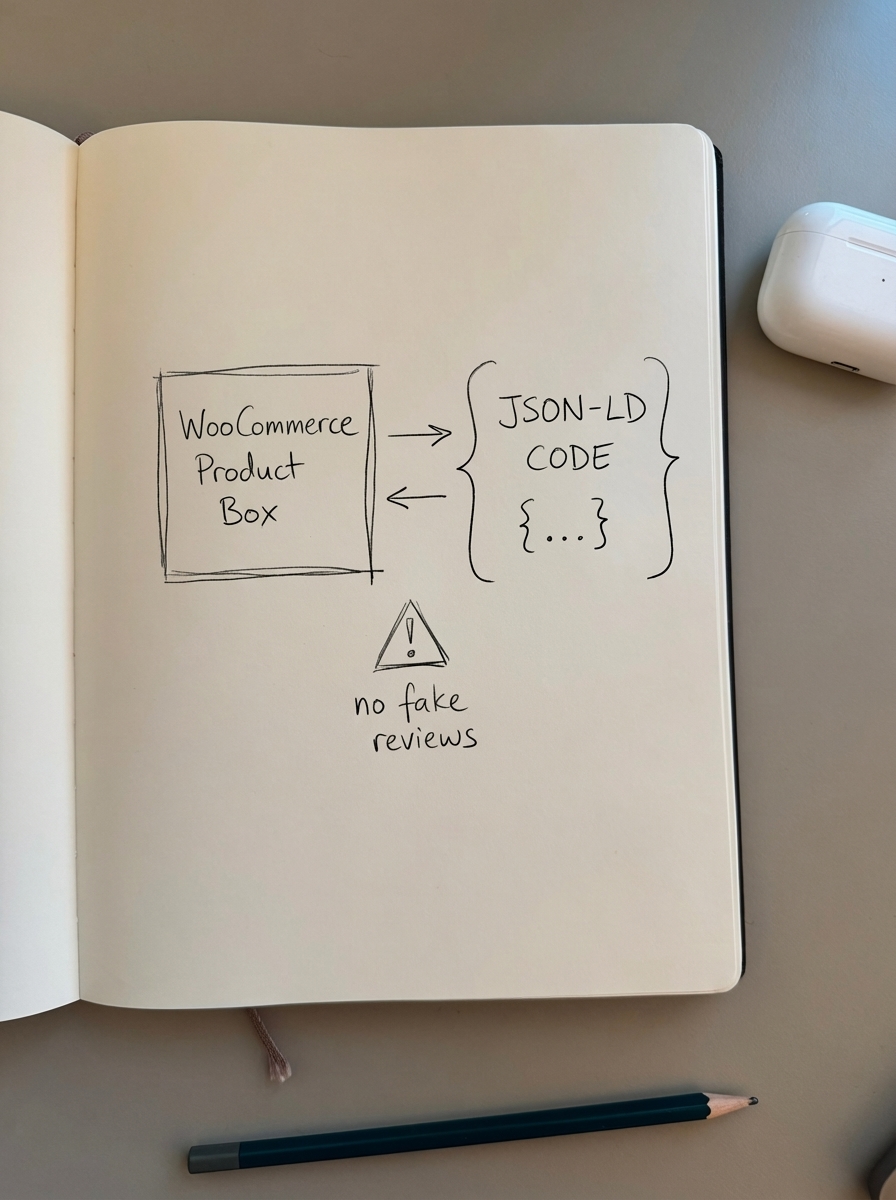 Simple pencil notebook drawing of a WooCommerce product box connected to JSON-LD code snippet