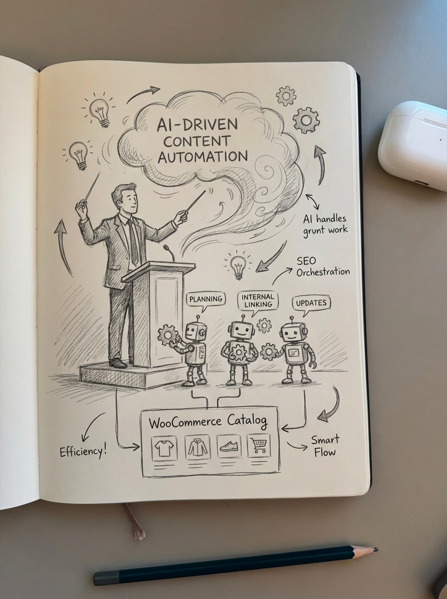 Simple pencil notebook drawing of an SEO lead orchestrating AI-driven content production for an ecommerce store