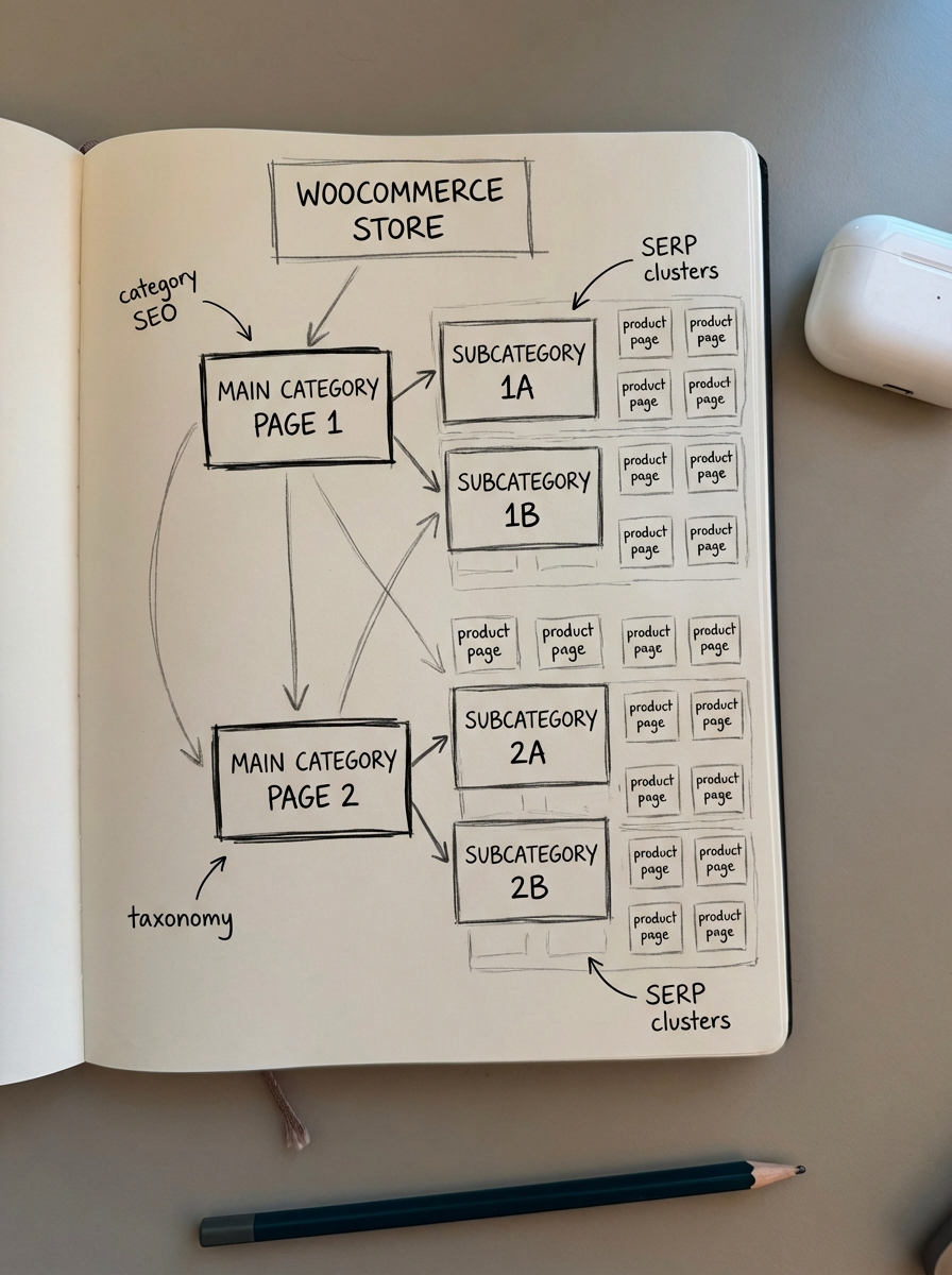 Simple pencil notebook sketch of a WooCommerce ecommerce category tree showing clean taxonomy and product categories