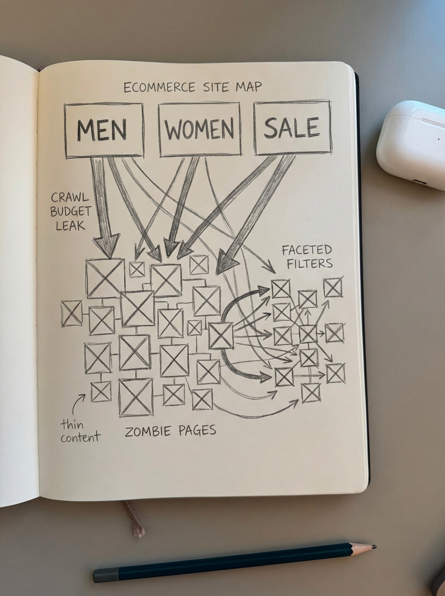 Simple pencil notebook drawing of an ecommerce site map with strong main category pages