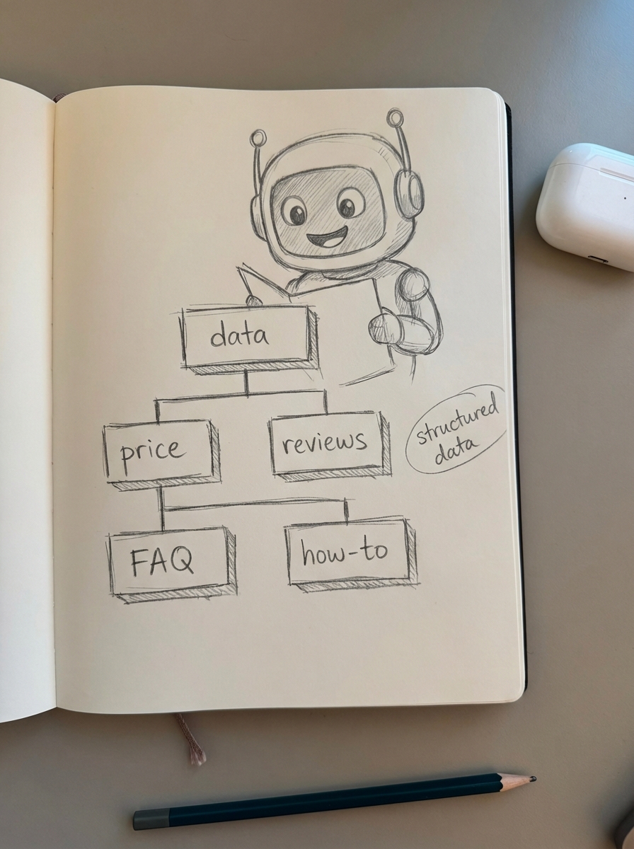 simple pencil notebook drawing of an AI robot organizing structured data blocks for price reviews FAQ and how-to content